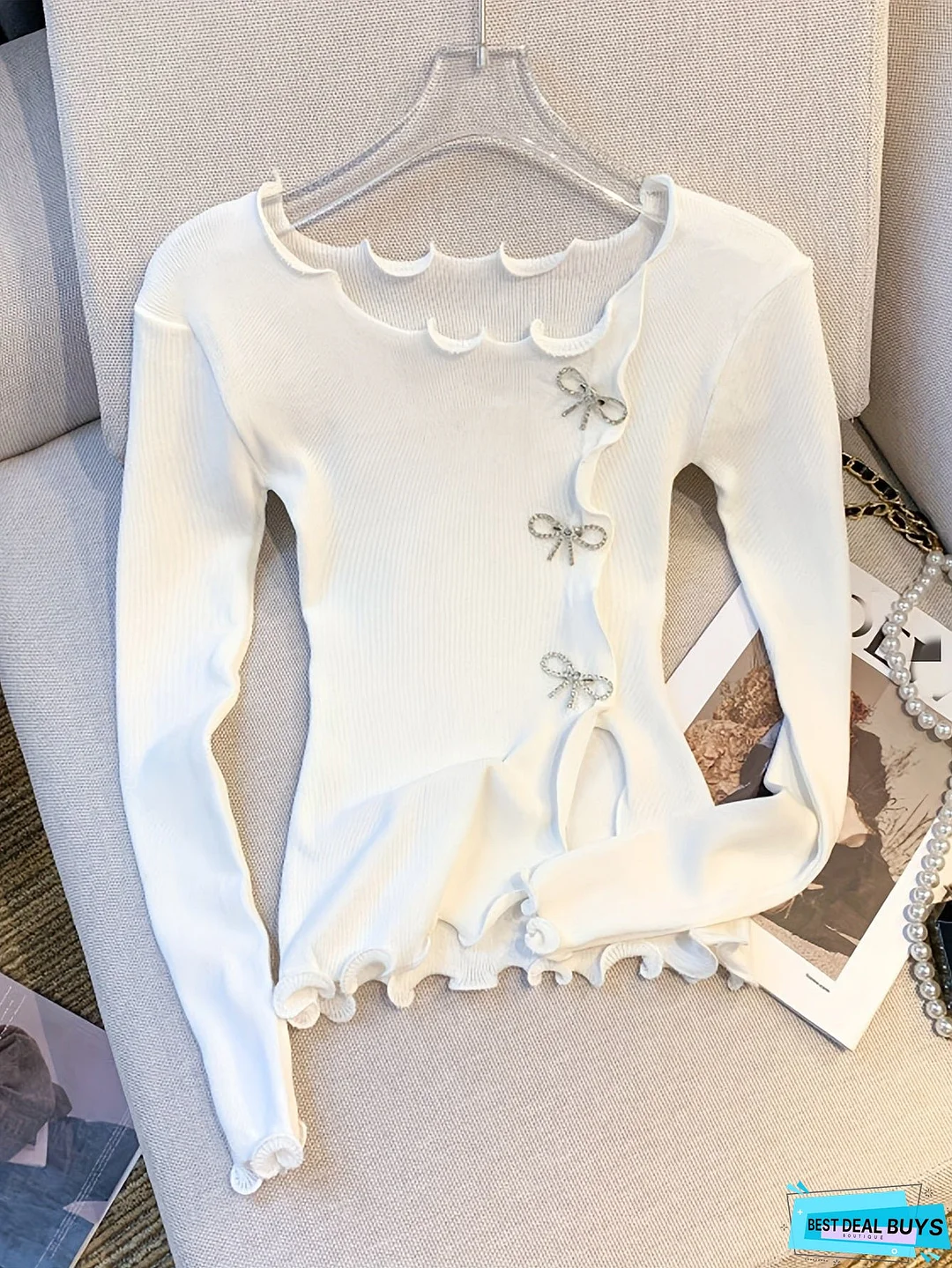 Solid Lettuce Trim Bowknot Pullover Sweater, Casual Long Sleeve Sweater For Spring & Fall, Women's Clothing