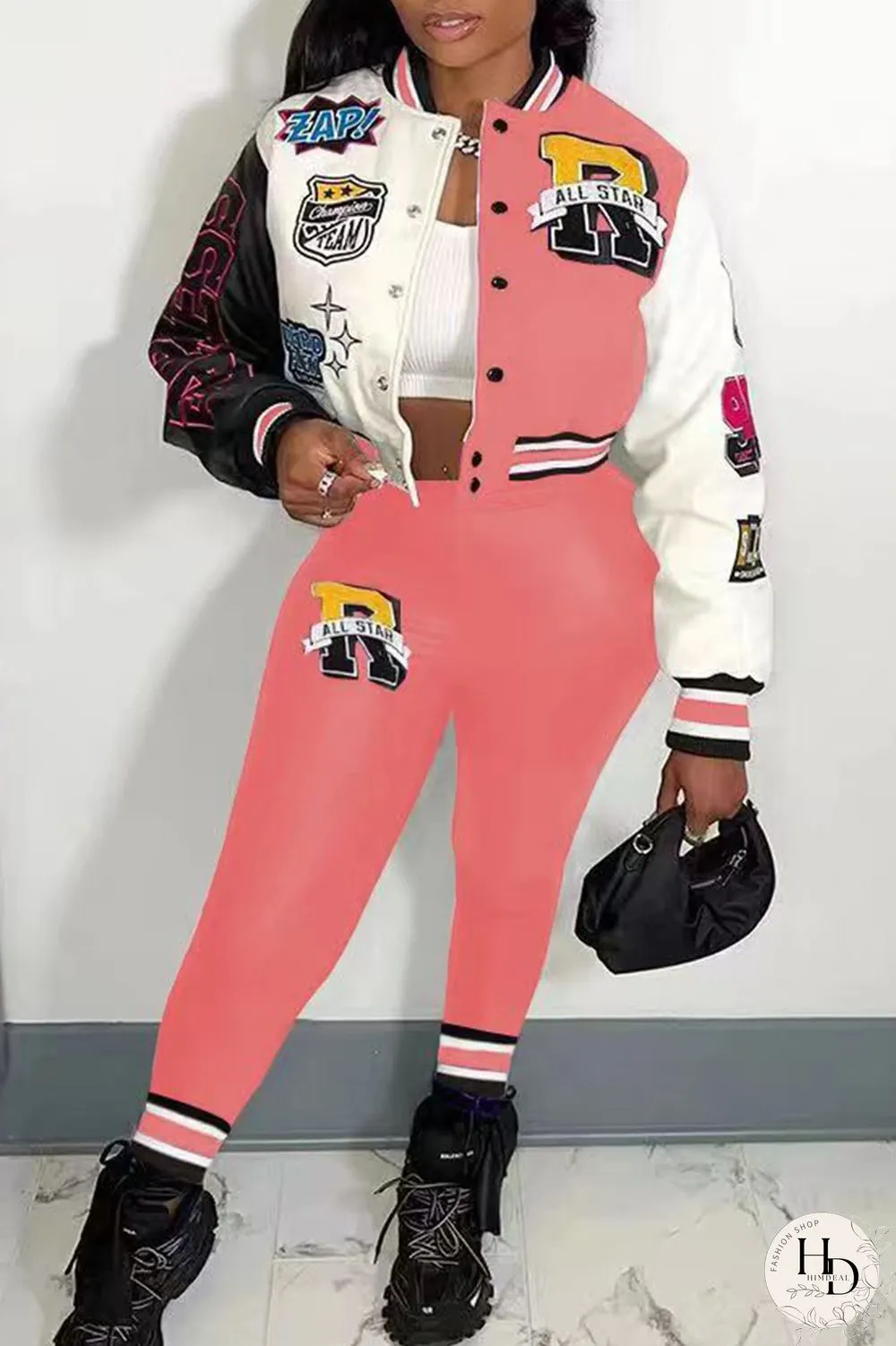 Rose Red Casual Letter Print Patchwork Cardigan O Neck Long Sleeve Two Pieces