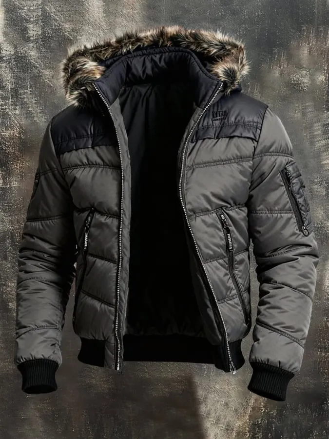 Herren Retro Warm Color Block Kapuzen-Rei&szlig;verschluss Outdoor-Jacke Mantel 