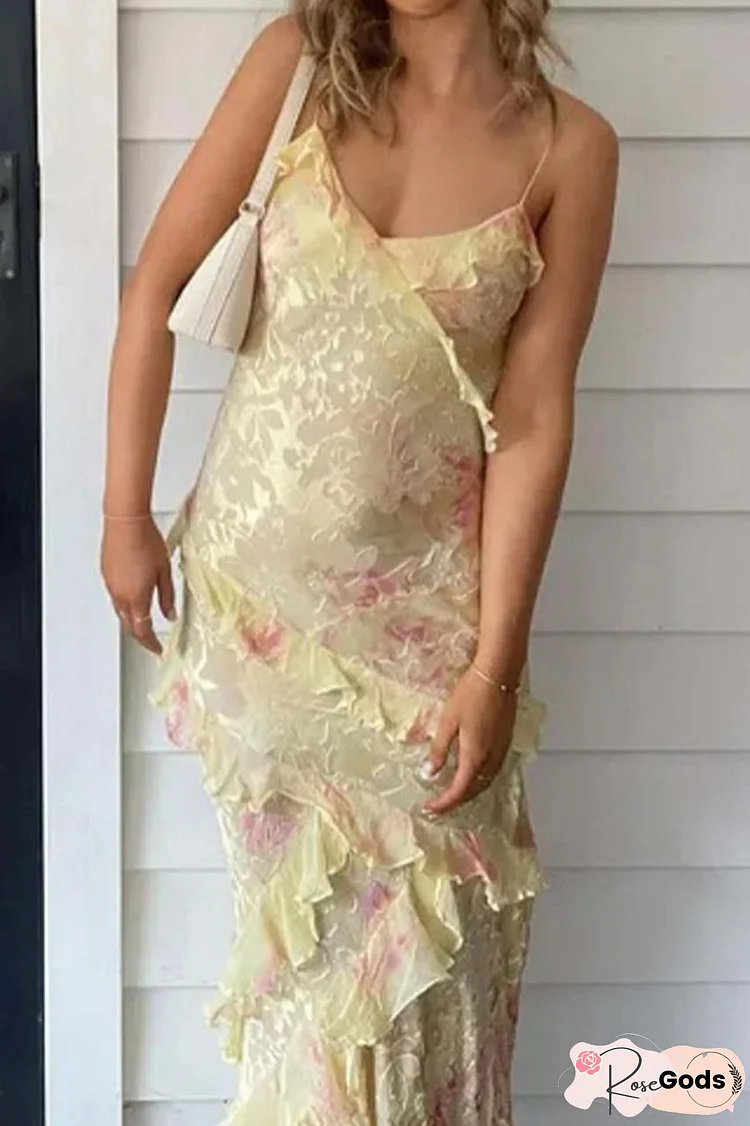 Ruffled Spaghetti Strap Backless Maxi Dress