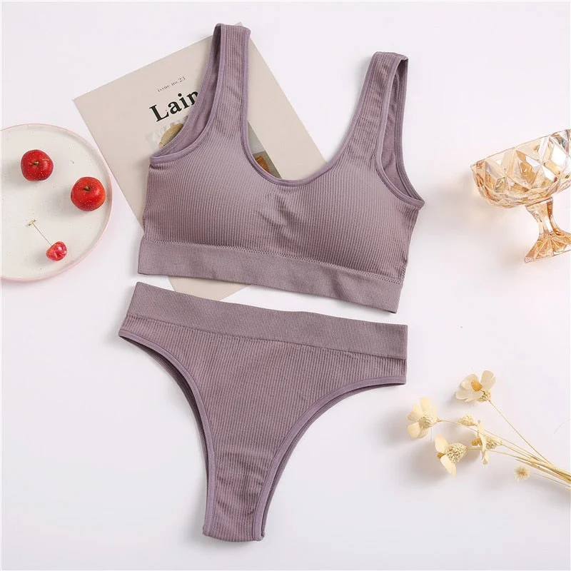 FINETOO Seamless Tops Set High Waist Panties Women Wireless Underwear Suit Soft Padded Bras Set S-XL Backless Bralette Lingerie