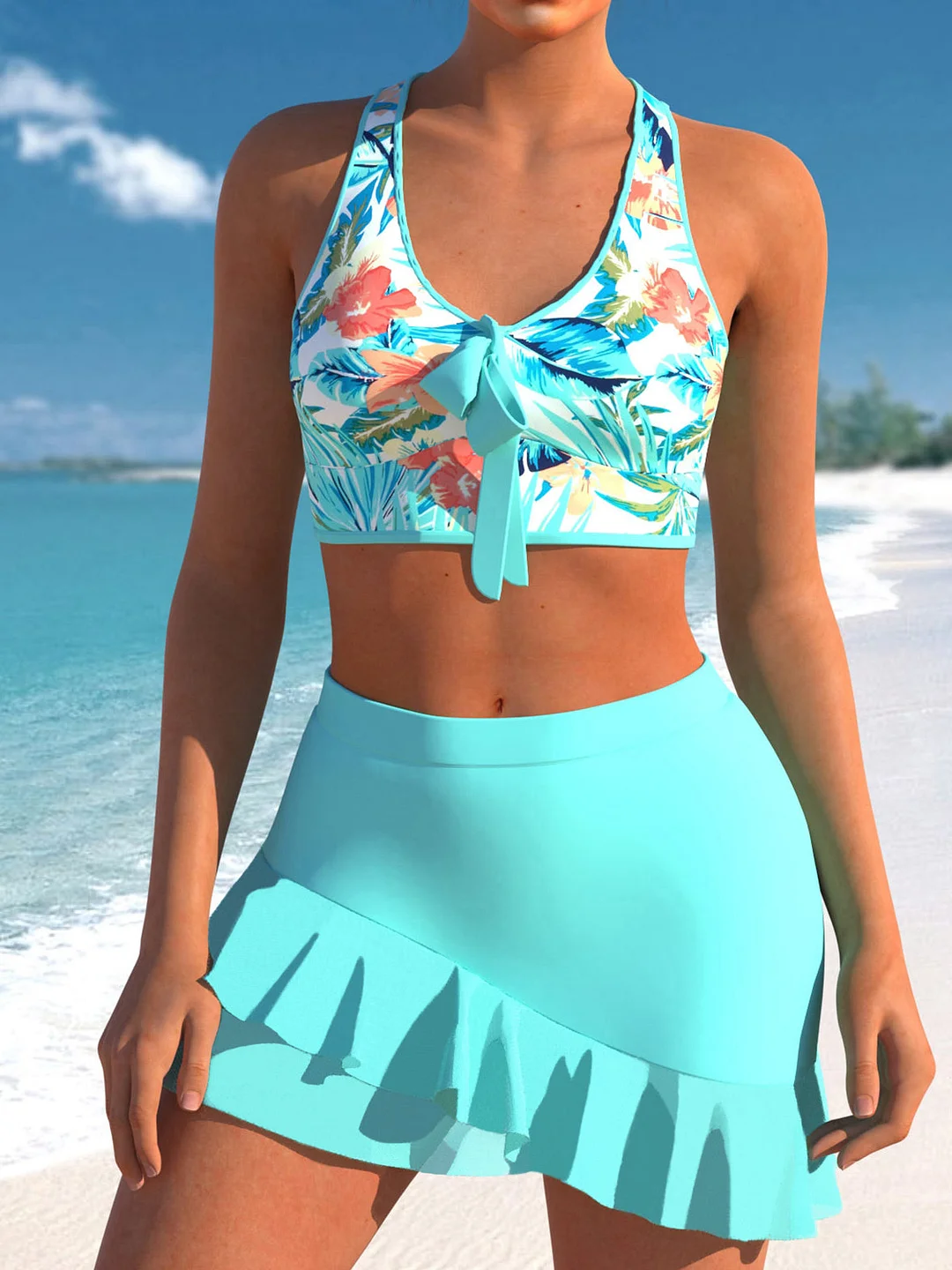 Women plus size clothing Women Swimwear Floral Print Bikini with Ruffle Skirt-Nordswear