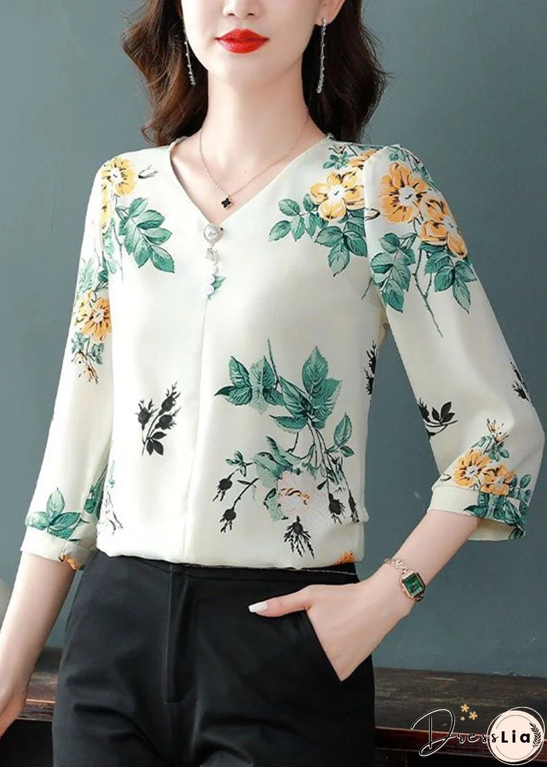 Green Leaf Print Chiffon Shirts V Neck Nail Bead Bracelet Sleeve