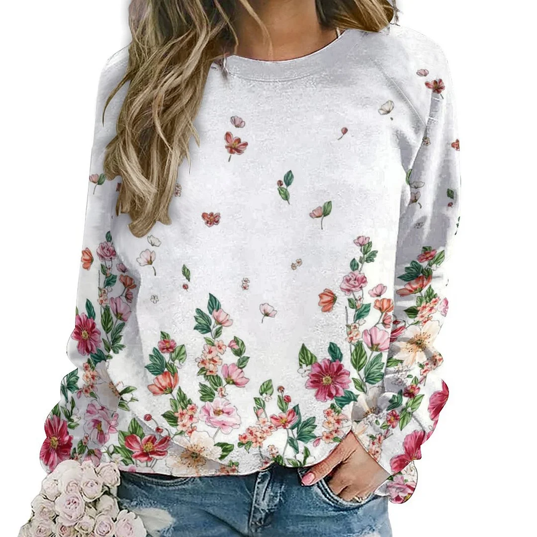 Printed Long Sleeve Casual Sweatshirt for  Women and Men Unisex Pattern Floral, Red, Green, Colorful