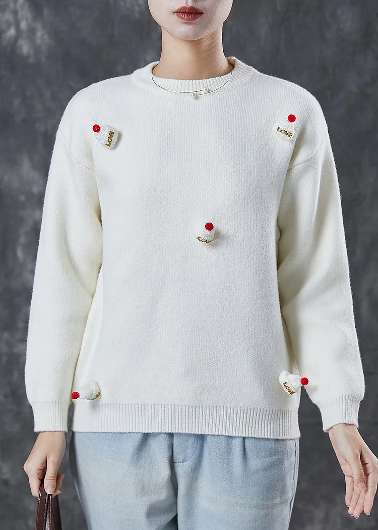 Modern White Fuzzy Ball Decorated Thick Knit Sweaters Winter