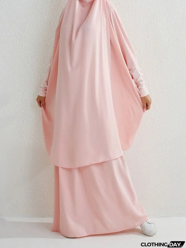 Batwing Sleeves Long Sleeves Muslim Solid Color High Neck Shirts Top + Skirts Bottom Two Pieces Set