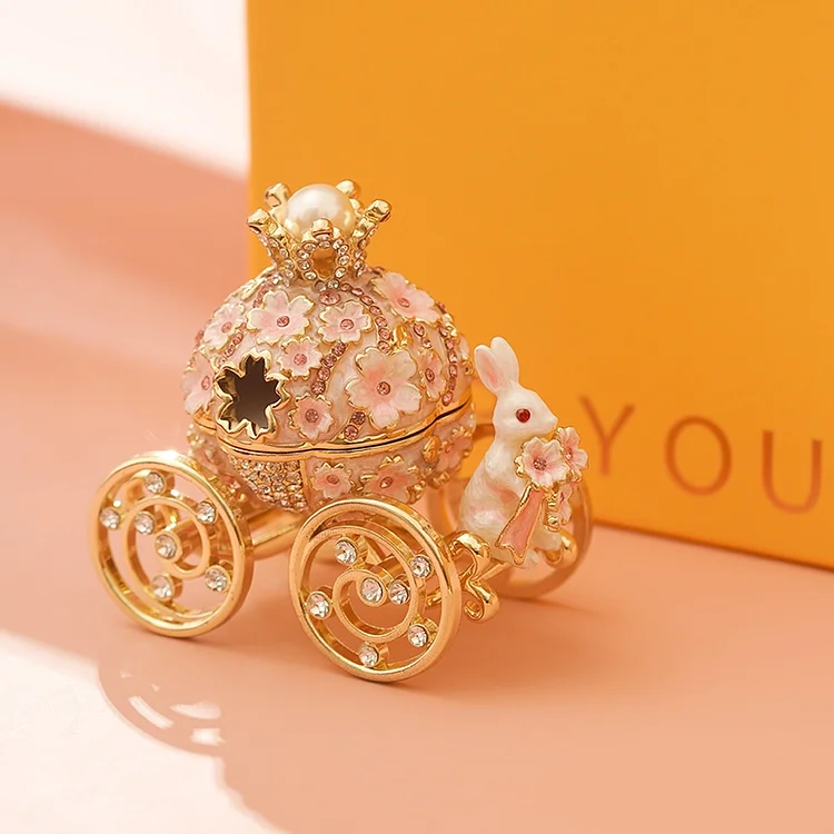 Luxurious Romantic Rabbit Flower Cart Enamel Rings Jewelry Box