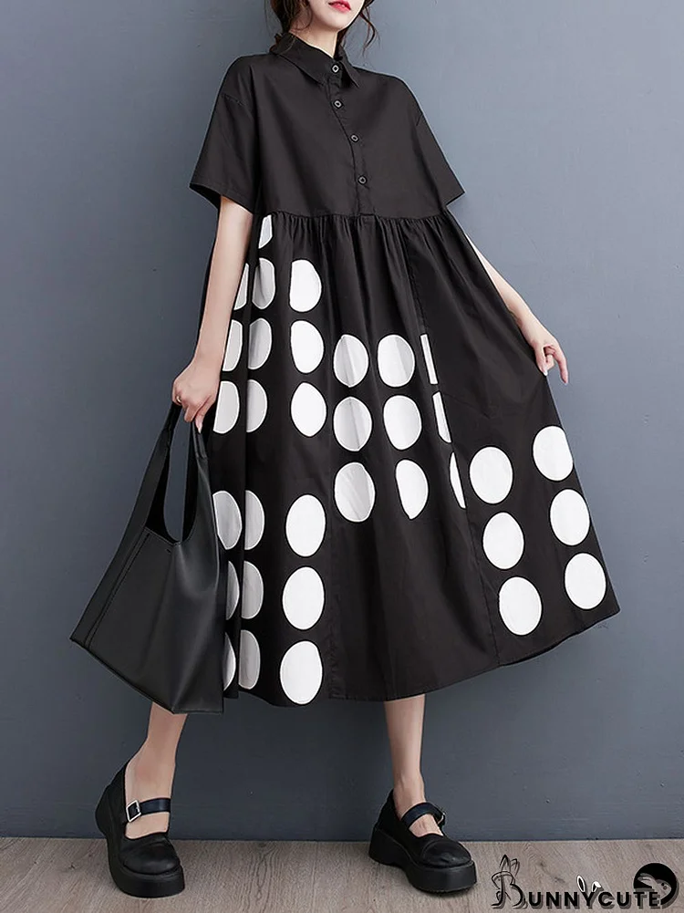 A-Line Loose Buttoned Pockets Polka Dot Printed Lapel Midi Dresses