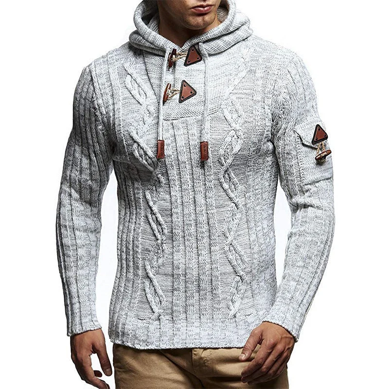 Men's Sweater Long Sleeve Hooded Horn Buckle Slim Knit Pullover