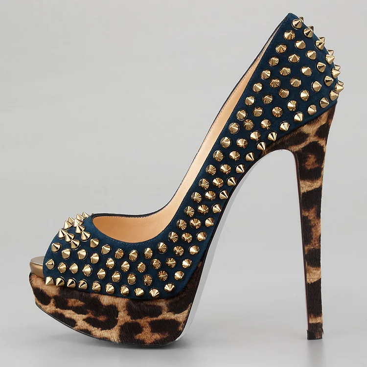 Dark Blue Keyhole Pumps Elegant Platform Stiletto High Heels Party Rivets Shoes |FSJ Shoes