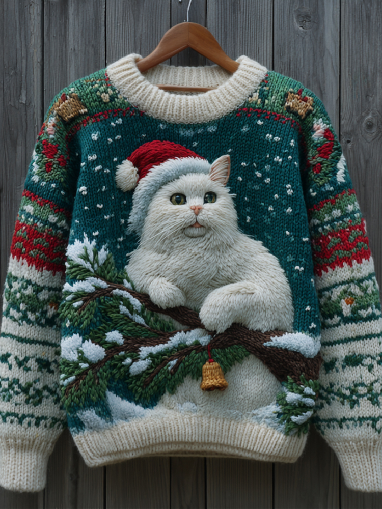 Cute Christmas Cat Warm Round Neck Sweater elevenforest