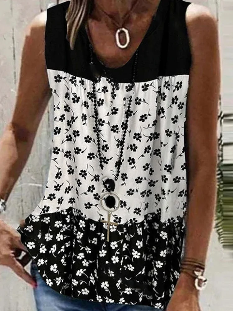 V-neck Casual Floral Print Summer Tank Top Sleeveless T-shirt