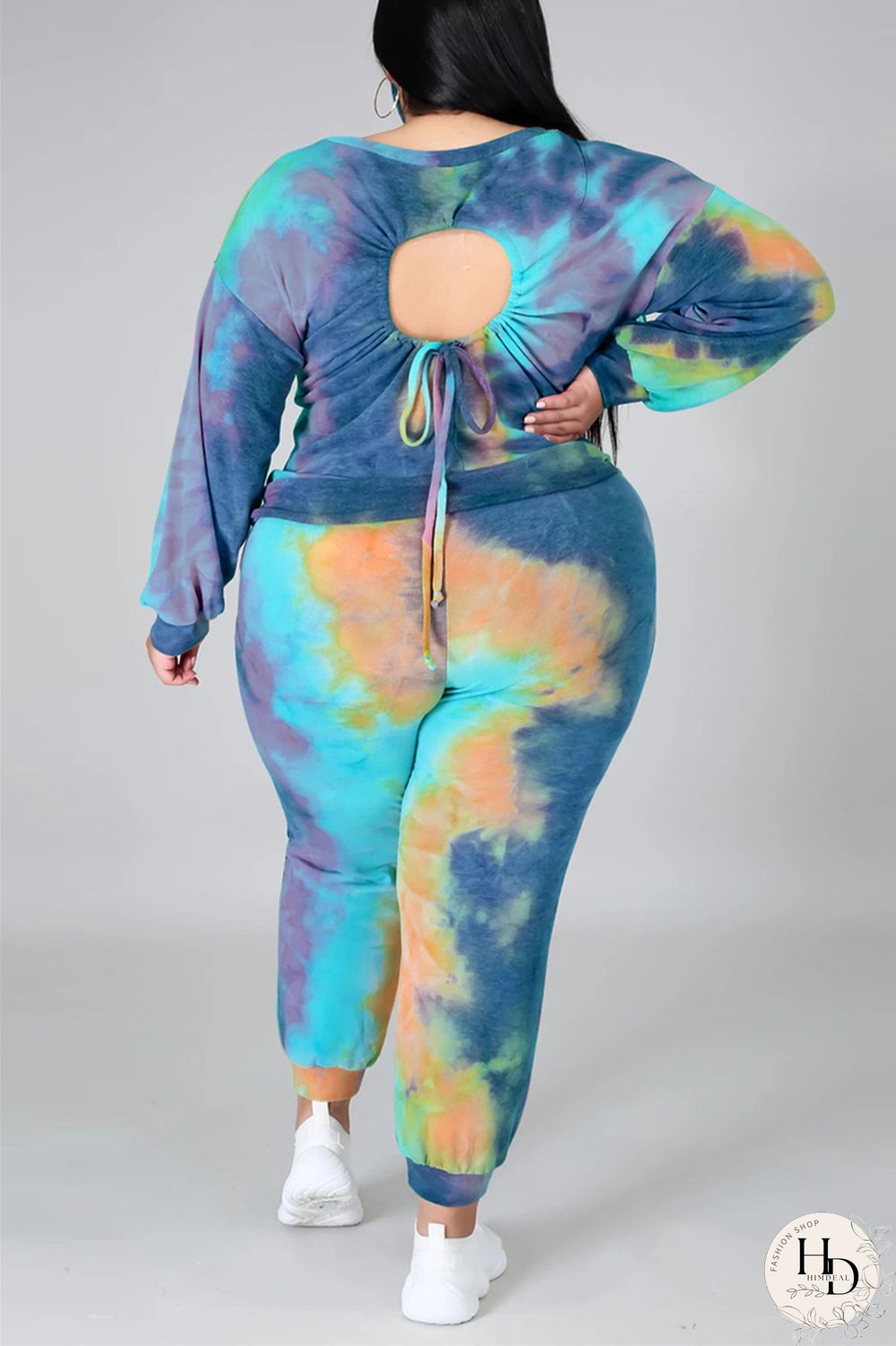 Dark Blue Fashion Casual Print Tie Dye Tie-dye Backless O Neck Plus Size Set