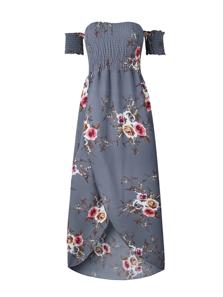 Floral Off Shoulder Slit Flowy Maxi Dress