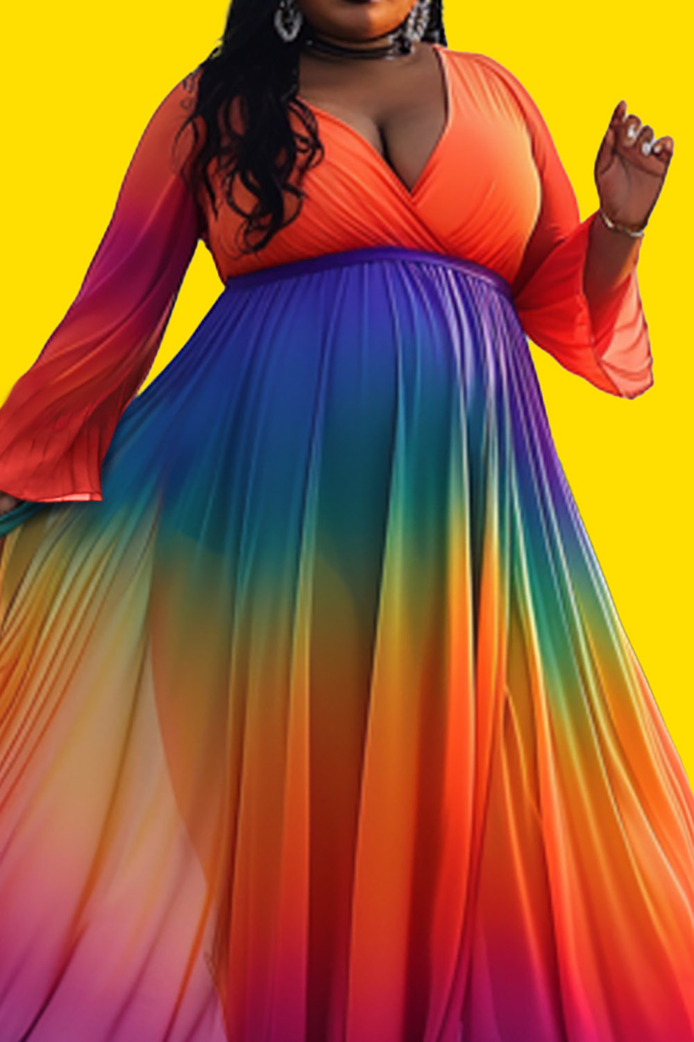 Design Plus Size Vacation Elegant Multicolor Gradient V Neck Long Sleeve Maxi Dresses [Pre-Order]
