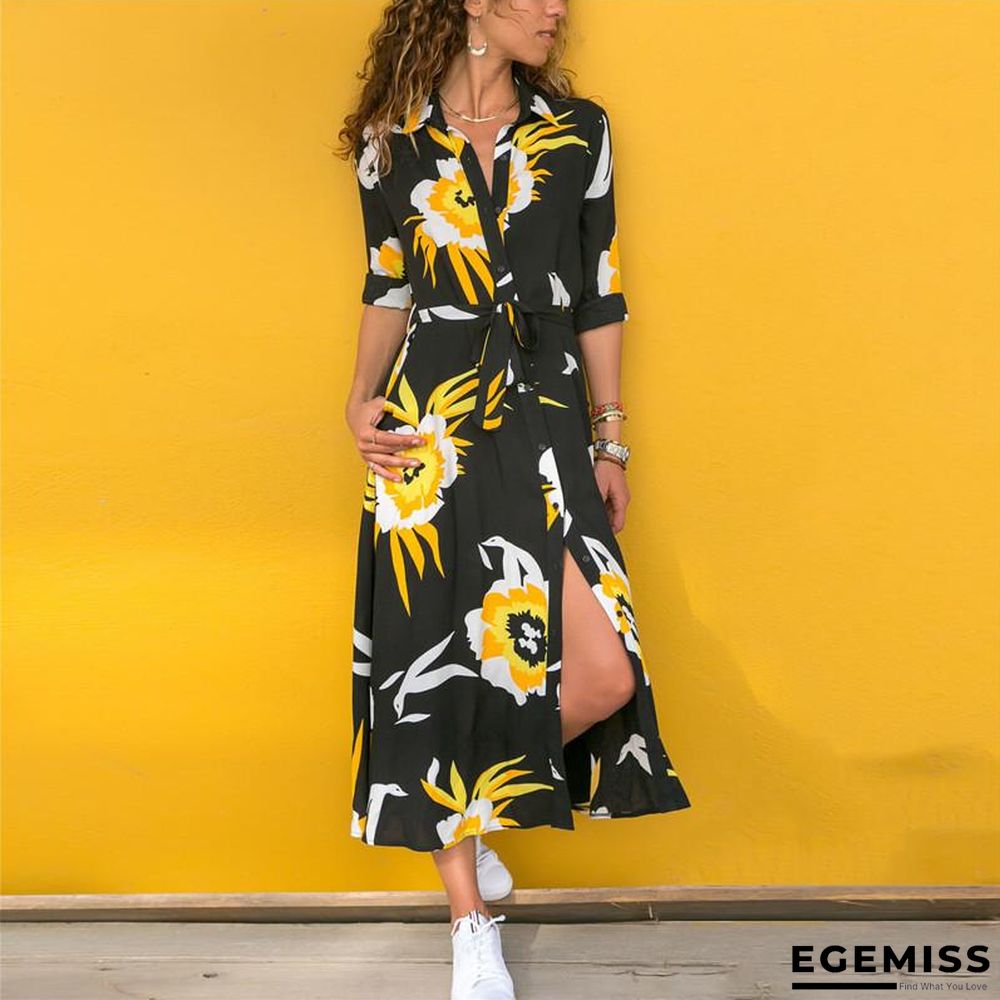 Autumn Printed Long Sleeve Lace Up Women's Dress Black Dresses | EGEMISS