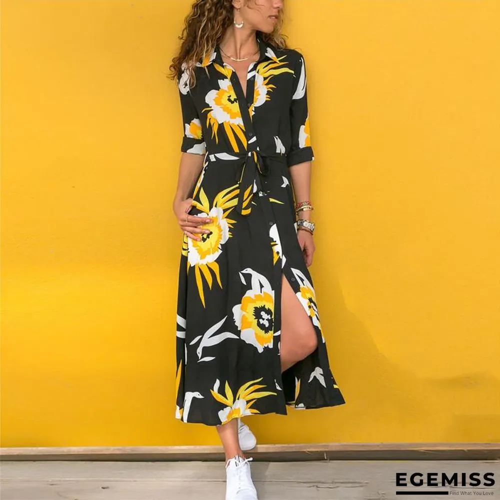 Autumn Printed Long Sleeve Lace Up Women's Dress Black Dresses | EGEMISS