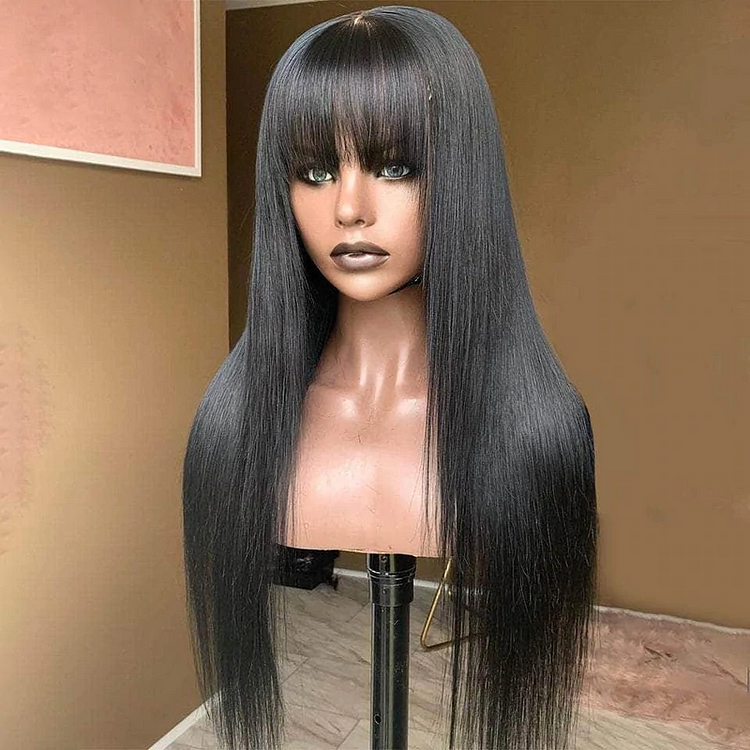 Natural Black Straight Lace Frontal Wig With Bang