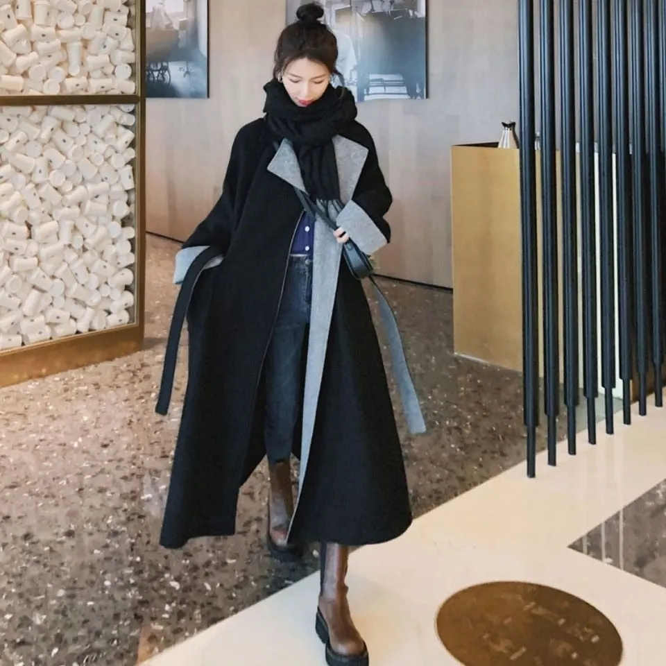 Office Lady Black Hepburn Wool Coat Women's Middle And Long 2021 Fashion Winter New Loose And Thin Temperament Thick Woolen Coat