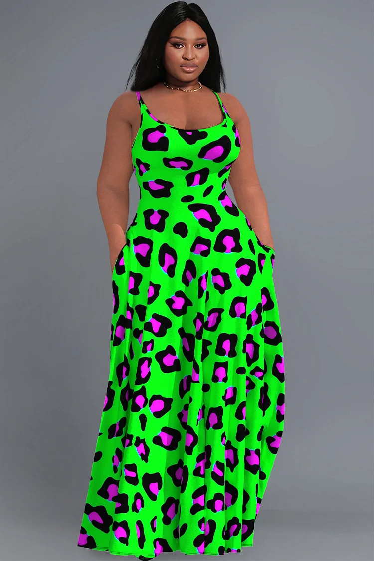 Xpluswear Design Plus Size Casual Green All Over Print U Neck Pocket Maxi Dress