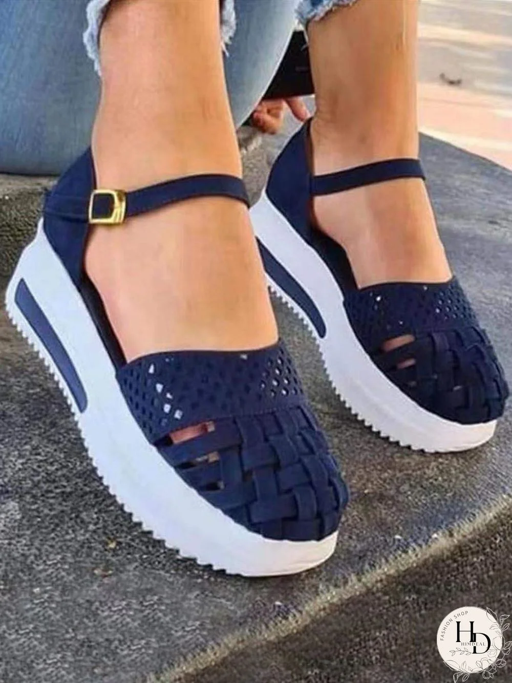 Braided Breathable Cutout Toe Platform Buckle Sandals