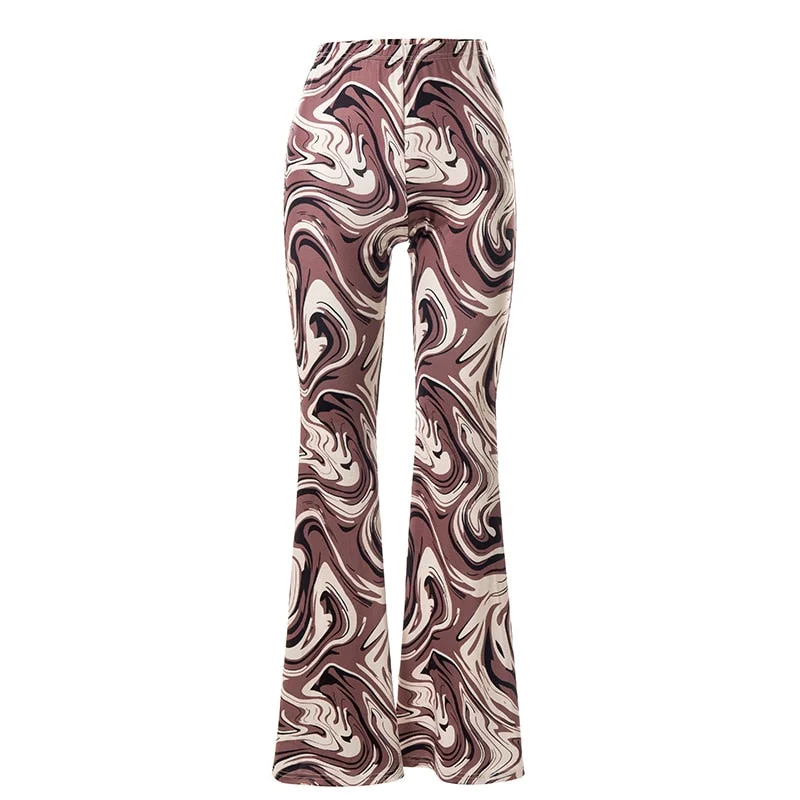 InstaHot Women Paisley Print Flare Pants Casual Streetwear Club Trousers New Fashion Vintage Female 2021 Summer Sexy Brown Pants