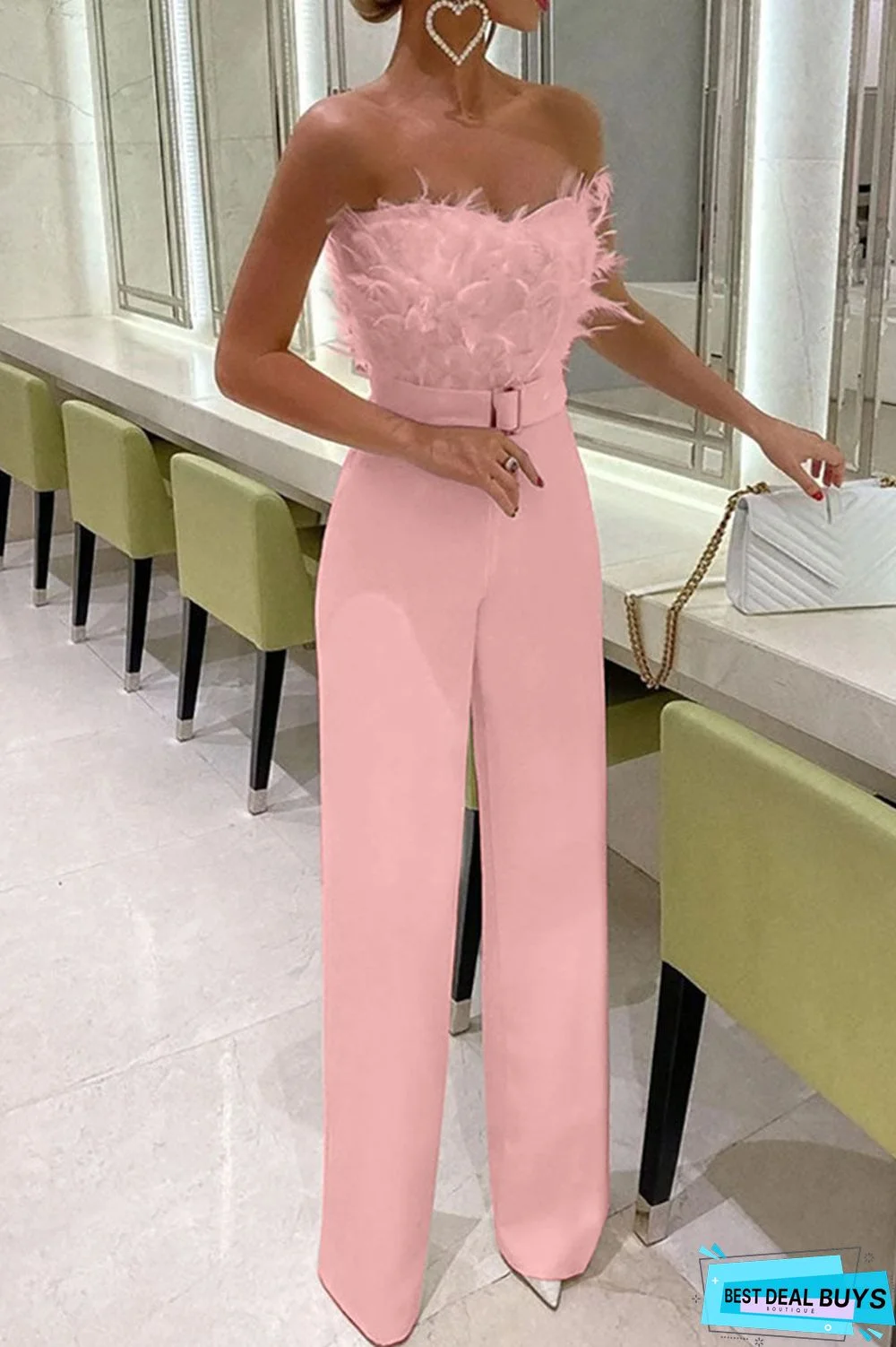 Sexy Solid Patchwork Feathers With Belt Strapless Straight Jumpsuits(Contain The Belt)(5 Colors)