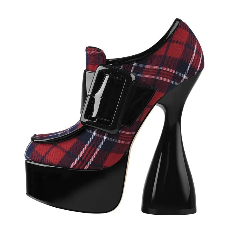 Onlymaker Women Round Toe Thick Platform Strange Shape High Heels Canvas Belt Buckle Decoration Novelty Fashion Ankle Boots