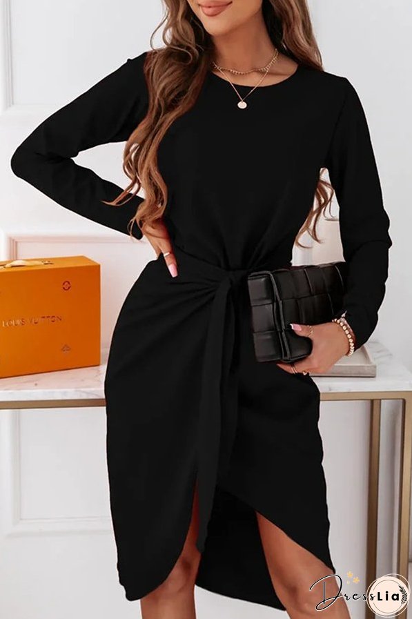 Fashion Elegant Solid With Belt O Neck Long Sleeve Dresses（3 colors）