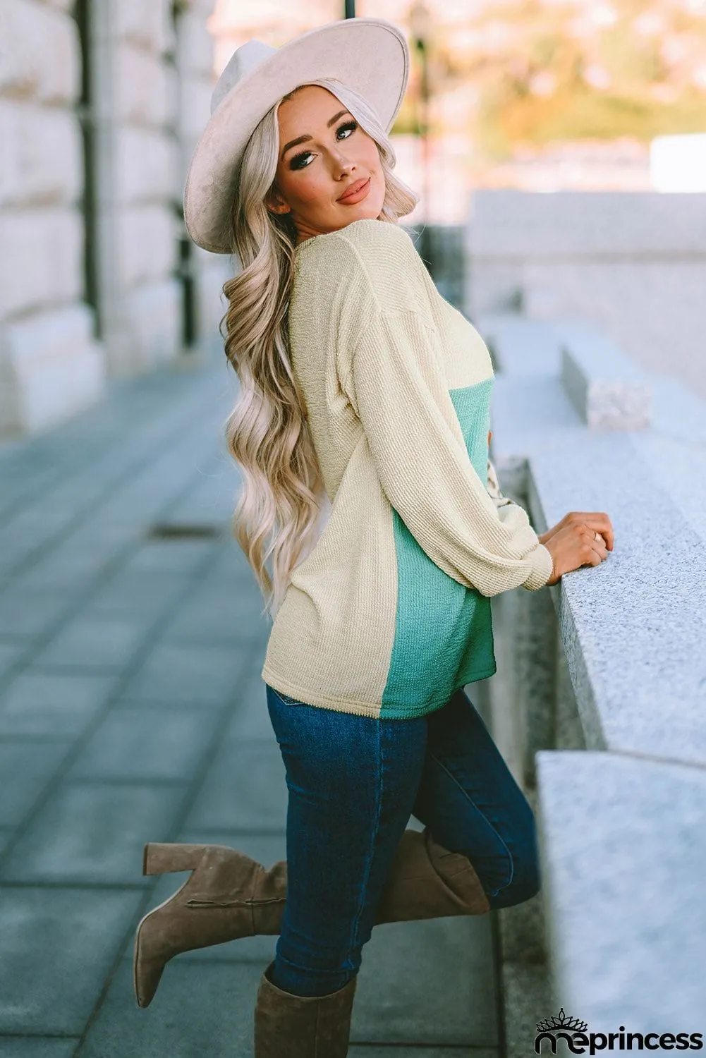 Patchwork Color Block Ribbed Long Sleeve Top