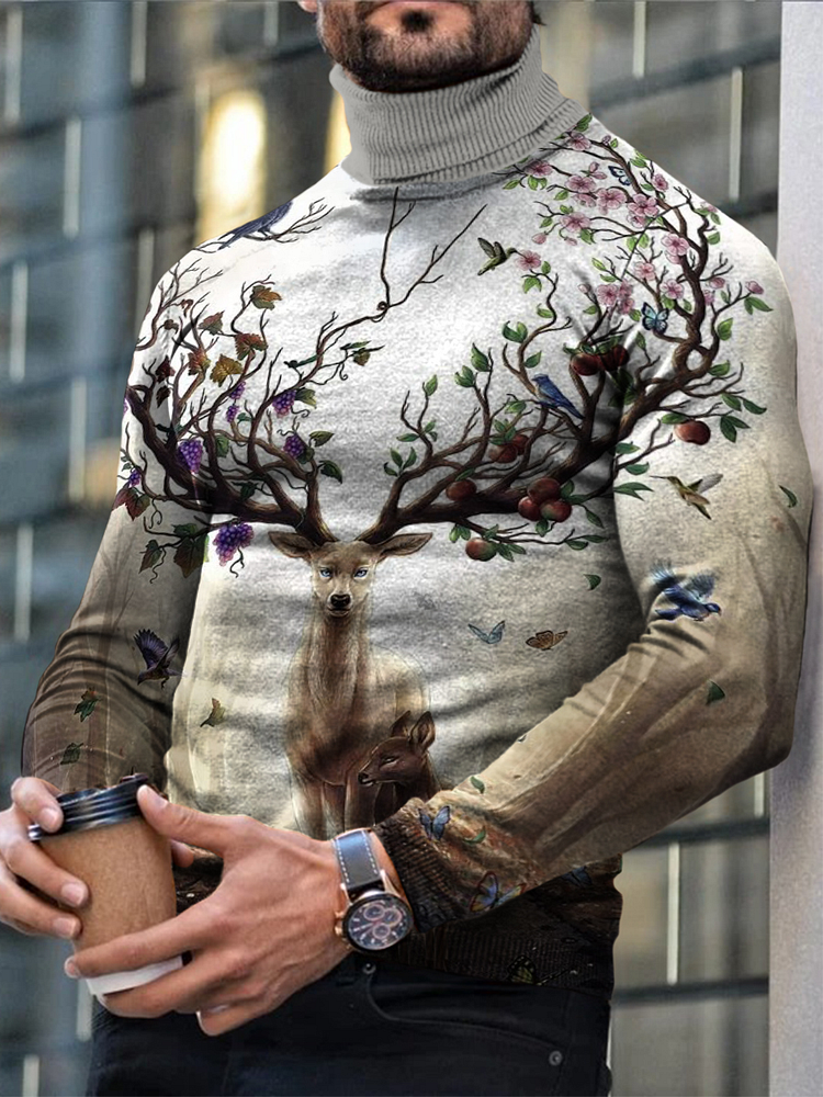 Men's Casual Elk Printing Business Turtleneck Long Sleeve
