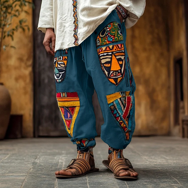 VChics African Tribal Mask Embroidery Men's Linen Loose Pants