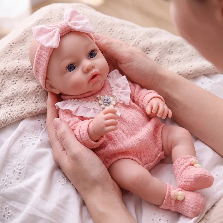 Babeside Dolly 16" Full Silicone Reborn Baby Girl Doll with Calm Infant Face in Pink Floral Knit Romper