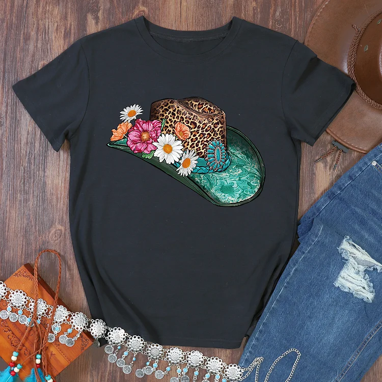 Leopard Flowers Turquoise Cowboy Hat Graphics T-Shirt Tee-06760-Annaletters