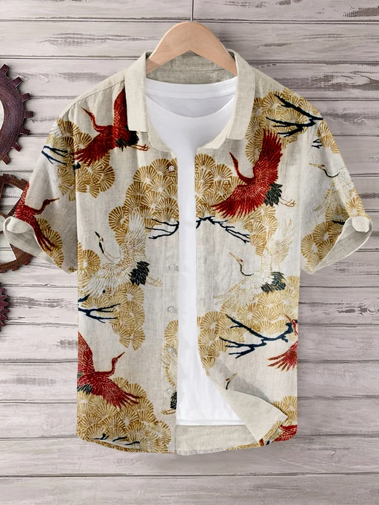 Cranes Japanese Art Short Sleeve Linen Blend Shirt