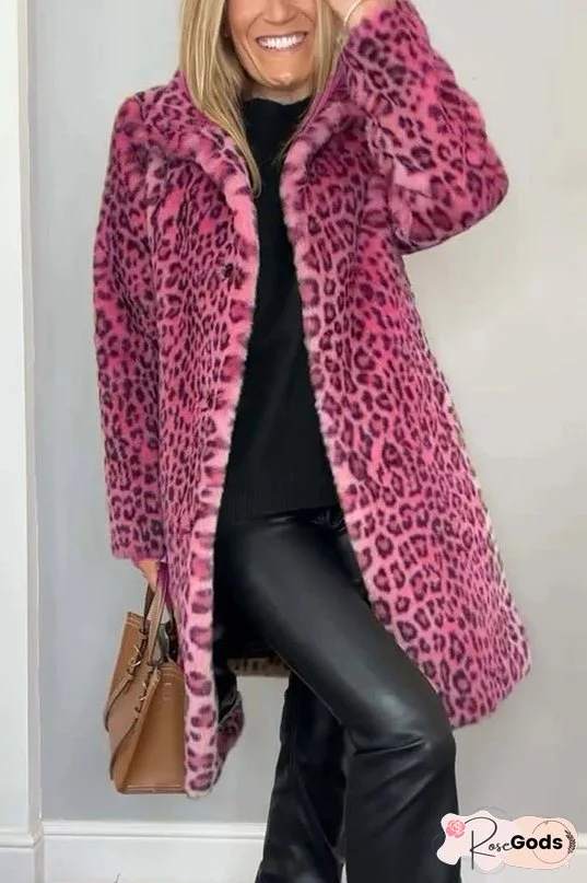 Leopard Print Lapel Long Sleeve Mid-length Plush Coat
