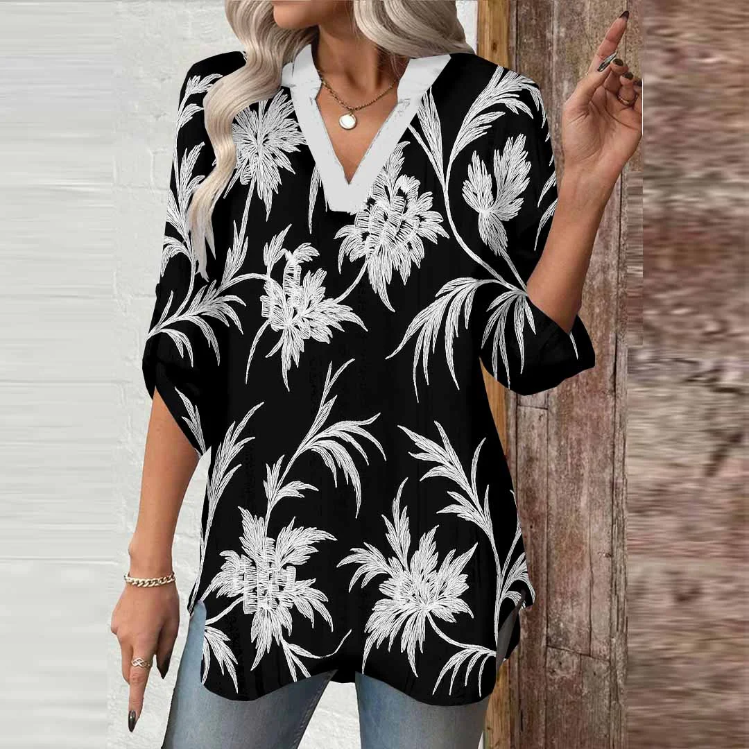 Women Leaves, Black, White DZGA0400 3/4 Sleeve V-neck Printed Graphic Button Tops