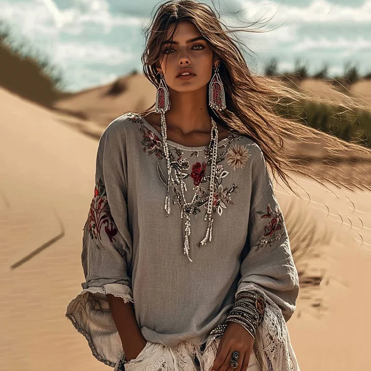 Vintage Floral Embroidered Art Crew Neck Comfy Shirt