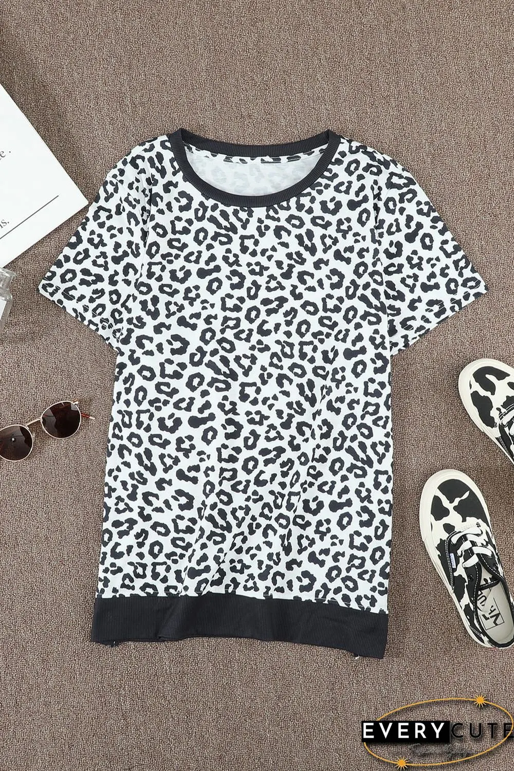 White Crew Neck Leopard Side Split T-shirt