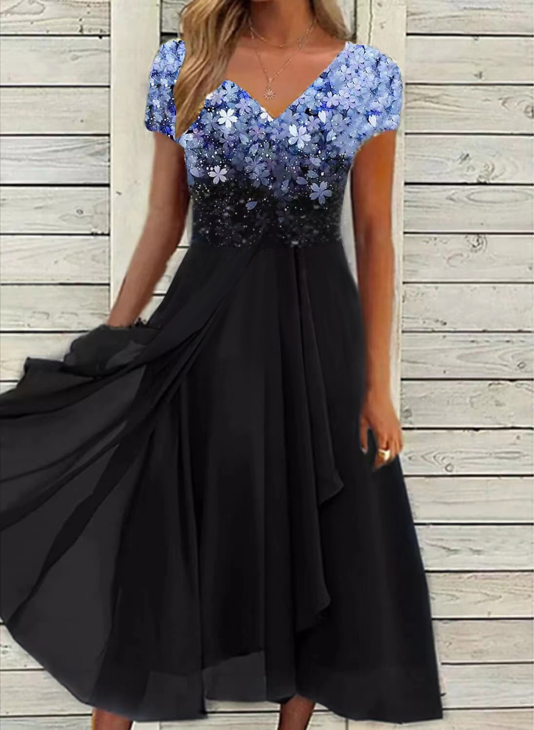 Monroewheels Summer New Women's Fashion Chiffon Patchwork Print Sexy V-neck Casual Mid Length Short Sleeved Dress