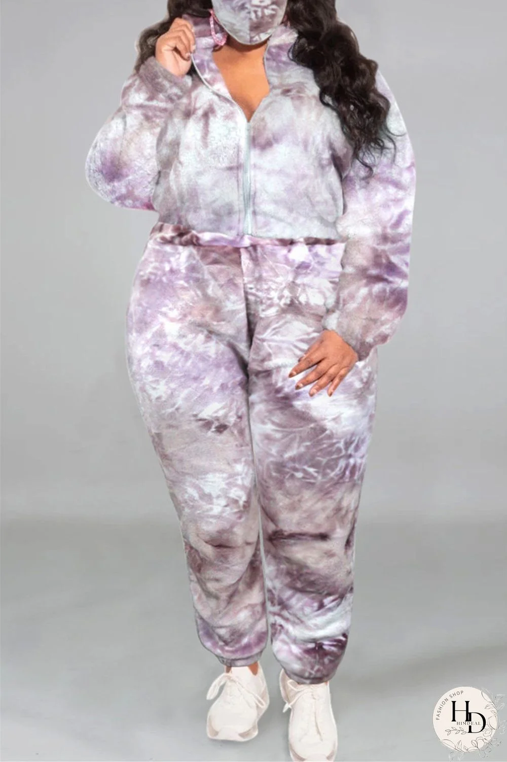 Multicolor Fashion Casual Print Tie-dye Zipper Collar Plus Size Two Pieces
