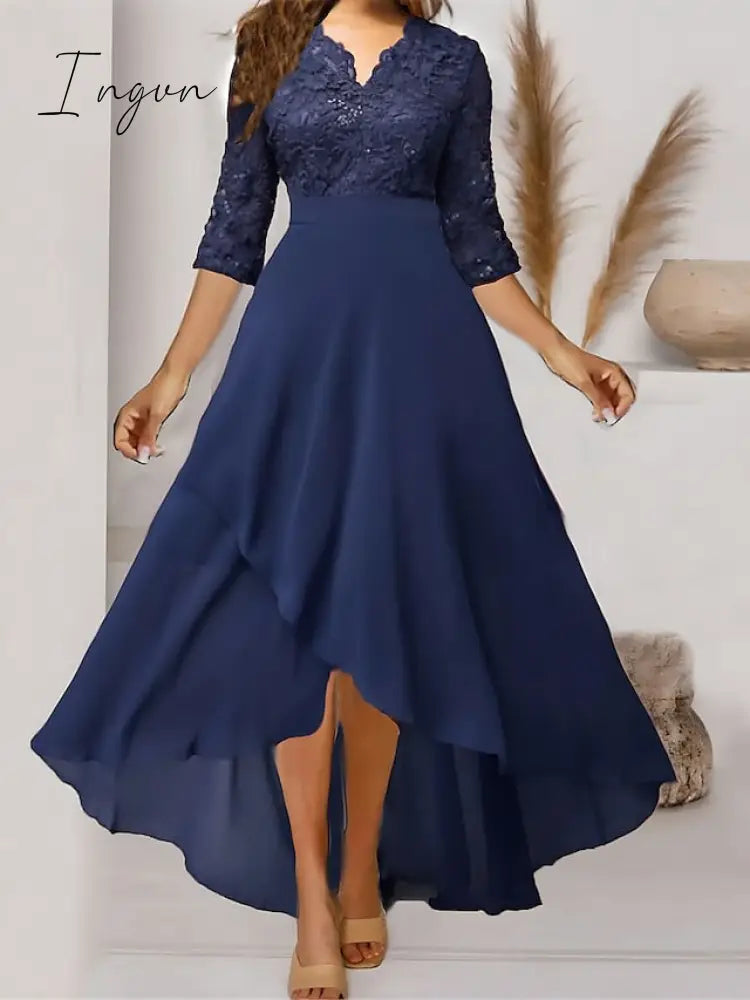 Ingvn - Women‘s Formal Party Dress Maxi Long Navy Blue 3/4 Length Sleeve Print Pure Color Ruched