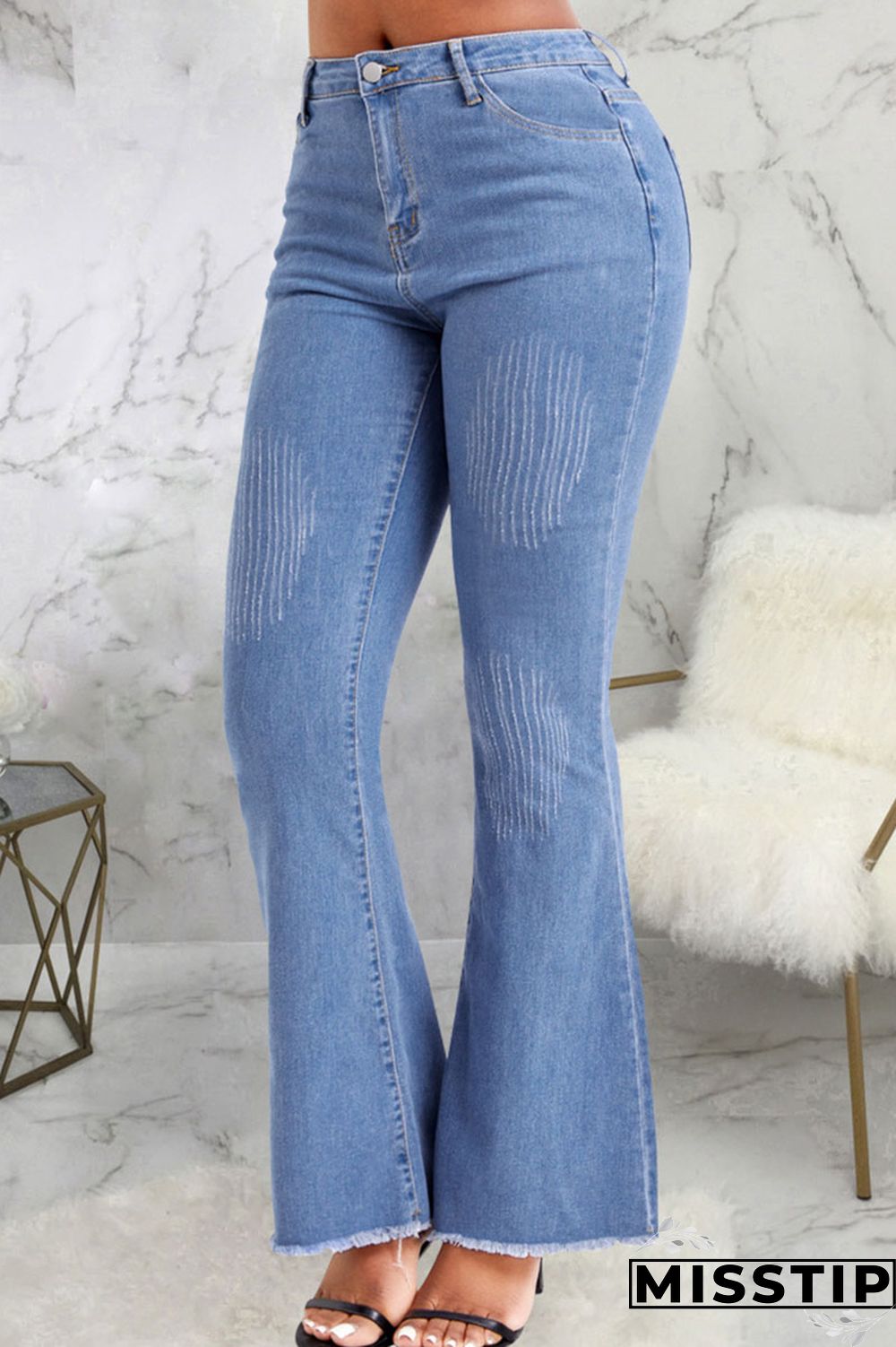 Blue Casual Solid Patchwork High Waist Denim Jeans