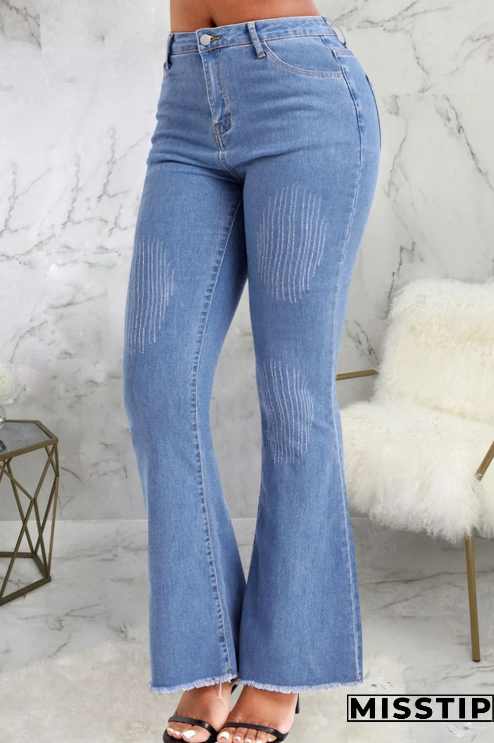 Blue Casual Solid Patchwork High Waist Denim Jeans
