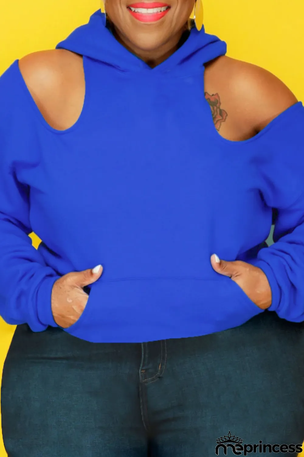Blue Casual Solid Hooded Collar Plus Size Tops