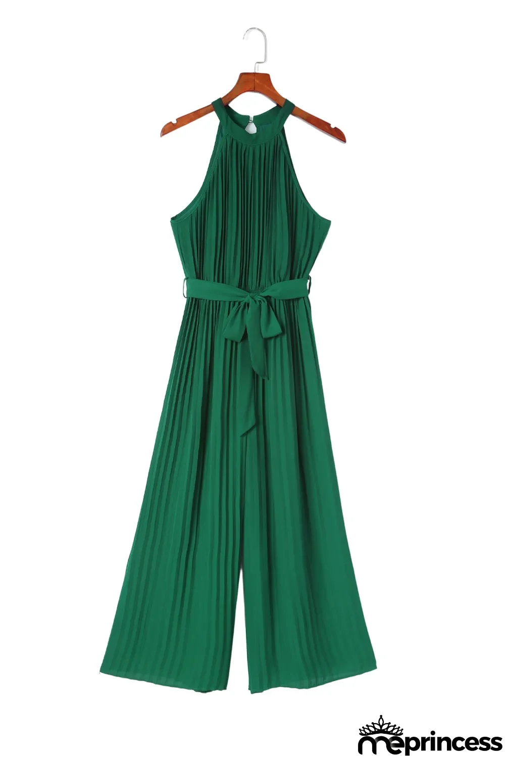 Green Halter Neck Pleated Wide Leg Jumpsuit with Belt