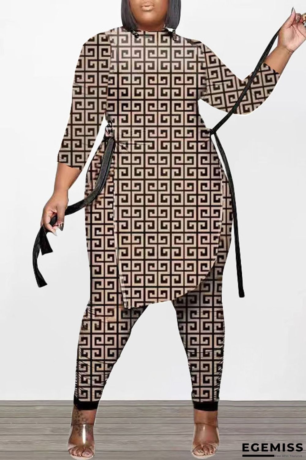 Brown Fashion Casual Print Bandage Patchwork Asymmetrical O Neck Plus Size Two Pieces | EGEMISS