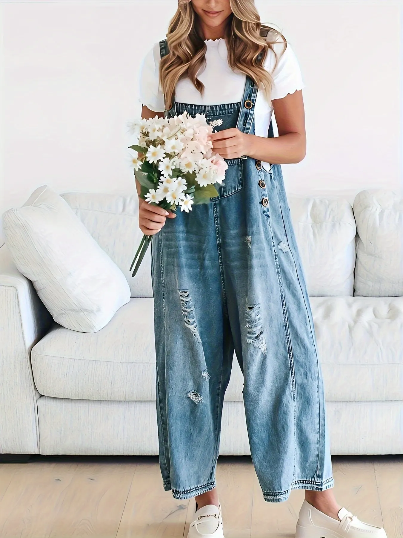 Womens Adjustable Shoulder strap Denim overalls jumpsuit loose fit ripped wide leg pants