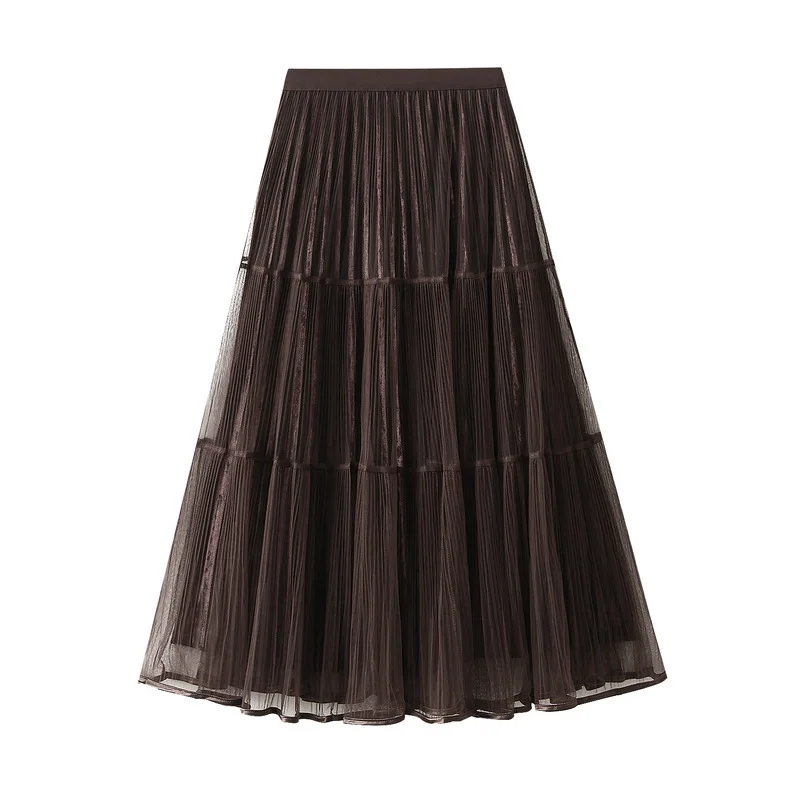 Nigikala Nigikala Splicing Hundred Fold Mesh Velvet Dress Women Autumn And Winter New High-Rise Thin A-Sword Skirt Mid-Long 5202