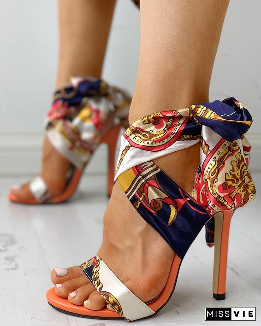 Satin Print Knotted Detail Thin Heeled Sandals